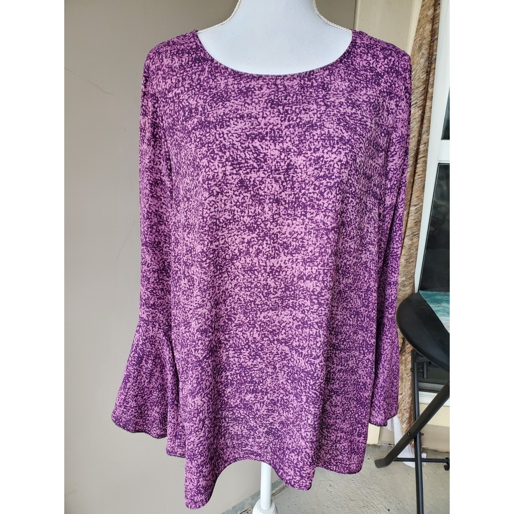 Halston Top Women Large Purple Tie Dye‎ Sheer Bell Sleeve Pullover Blouse